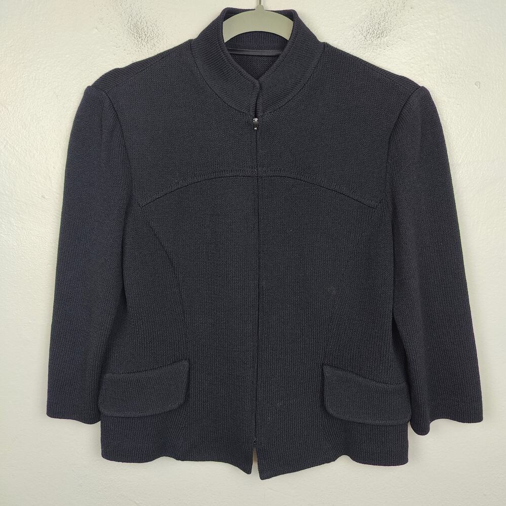 St John Santana Knit Jacket Womens Small Dark Navy Blue Zip Up‎ Preppy Boxy